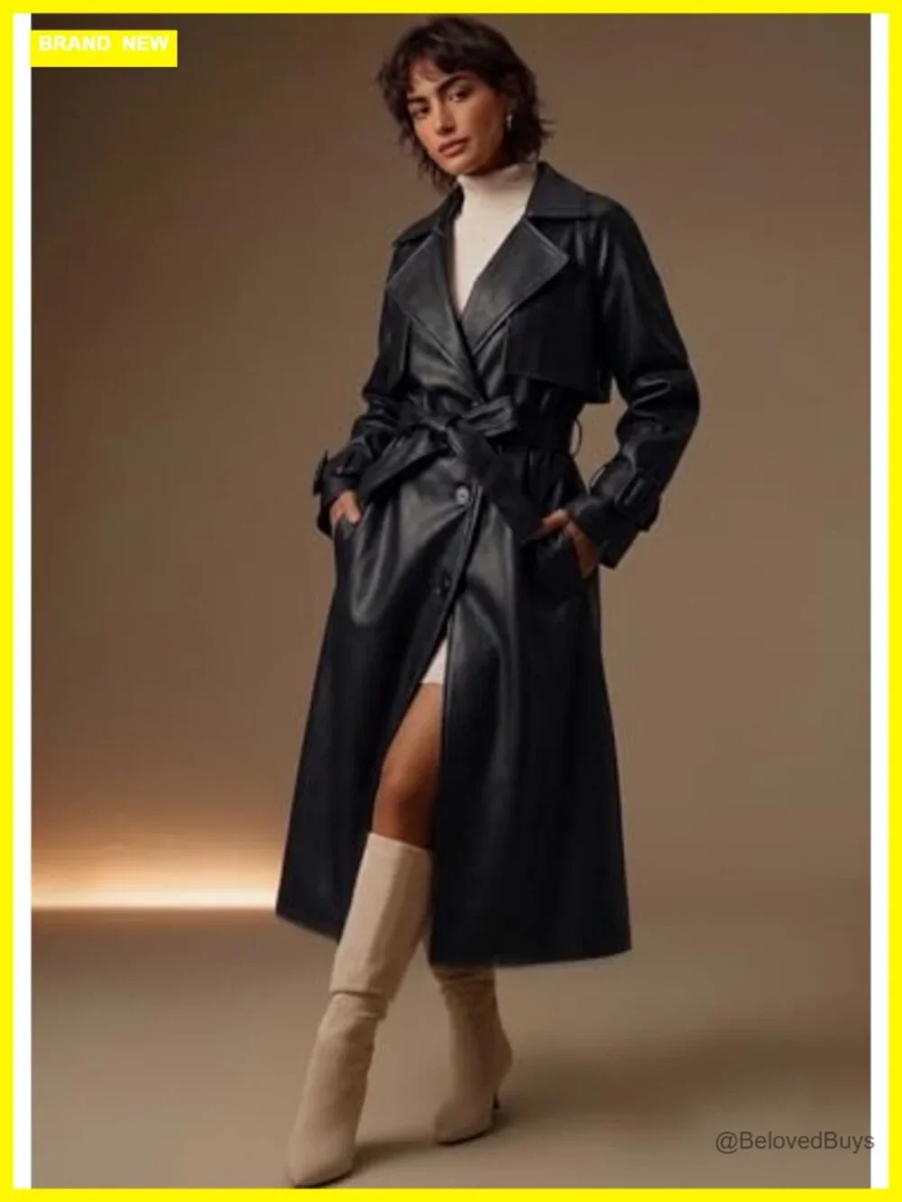 Women's Faux Leather Belted Trench Coat Long Sleeve Windproof Outerwear